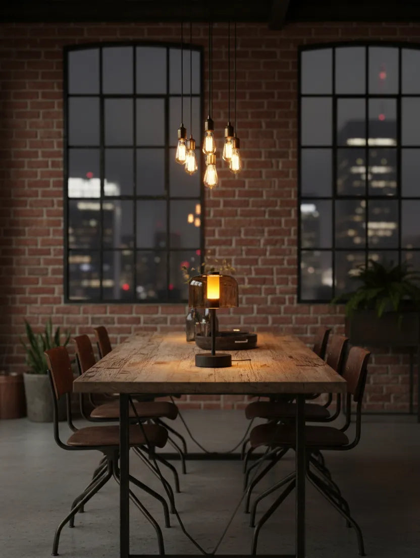 Lámpara estilo retro en comedor estilo industrial